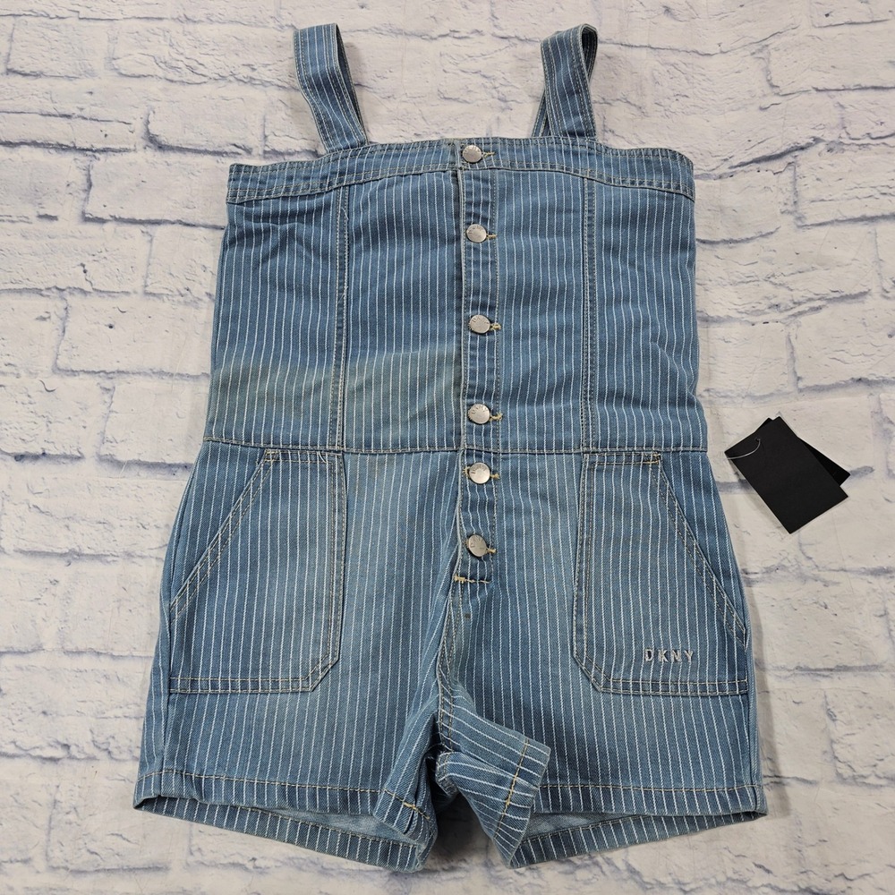 DKNY Romper KIDS 14 Blue Pinstripe Denim Button Front Sleeveless Jumpsuit